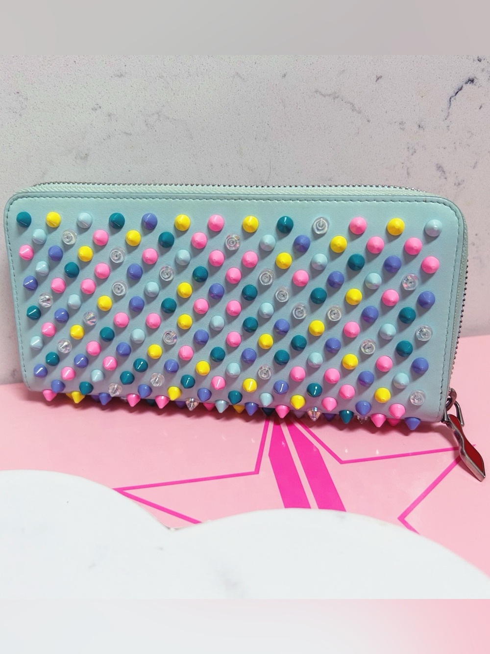 Authentic Christian Louboutin RARE Pastel Panettone Spike Continental Zip Wallet - Picture 11 of 13
